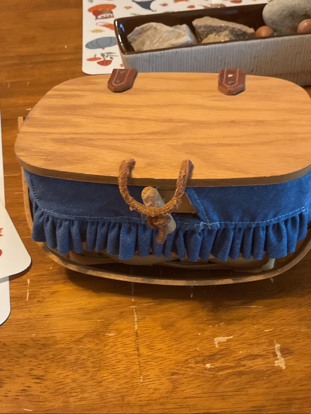 Longaberger Blue Ruffled Trim Wood Top Basket